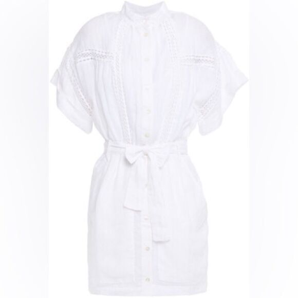 Frame button up short sleeve white with crochet belted dress medium - Picture 3 of 16